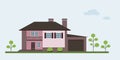 Private house design with trees. Vector illustration. Houses exterior front view with roof, windows